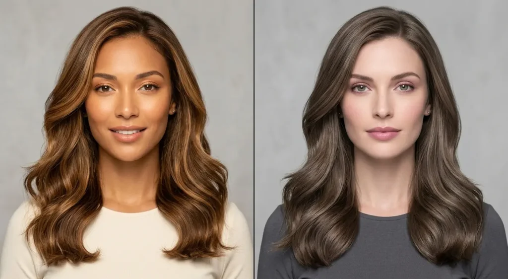 Warm brown hair compared with cool brown hair tones