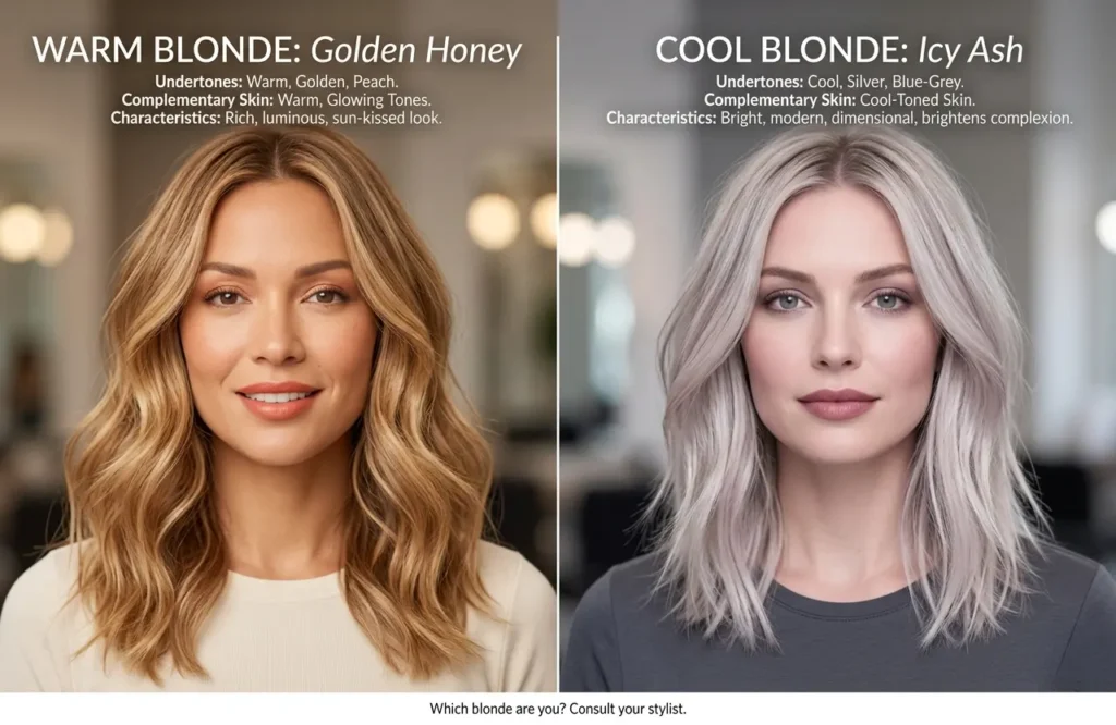 Warm blonde hair compared with cool blonde hair tones