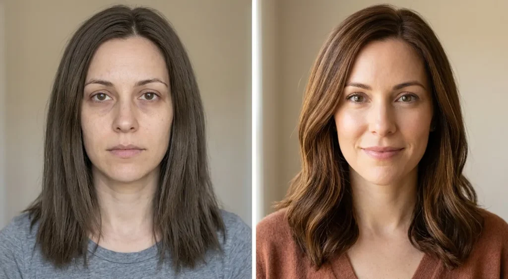 Wrong brunette shade compared with flattering brown hair color